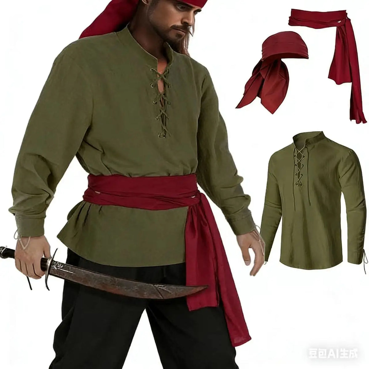Mens Pirate 3 Pcs Costume Set Renaissance Pirate Shirt Medieval Costume Viking