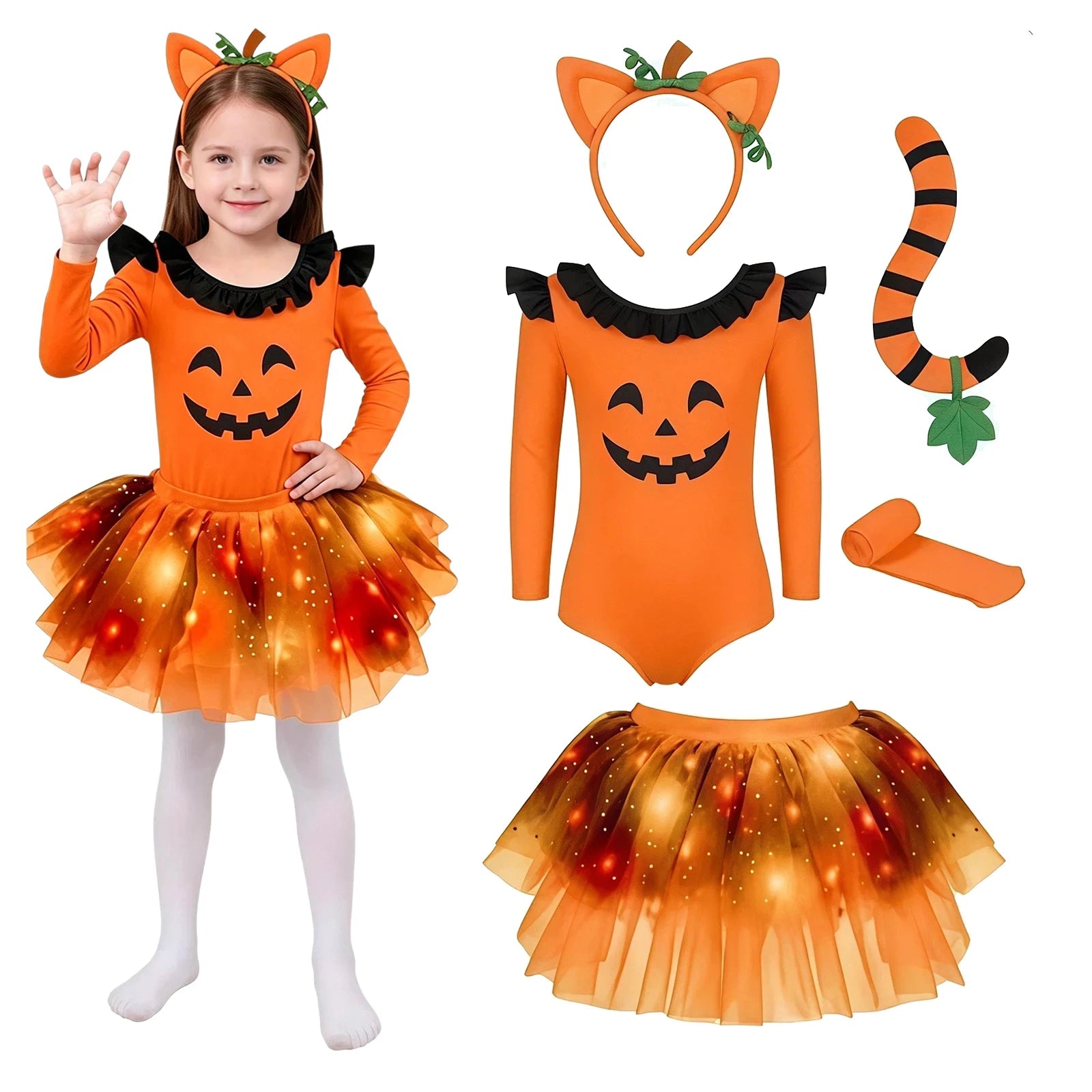 Girls Halloween Costume Sleeve Bodysuit with Mesh Ruffled Layered Tutu Skirt Headwear Faux - Black / M