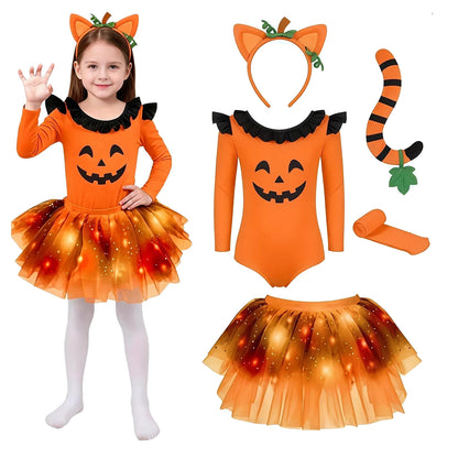Girls Halloween Costume Sleeve Bodysuit with Mesh Ruffled Layered Tutu Skirt Headwear Faux - Black / M