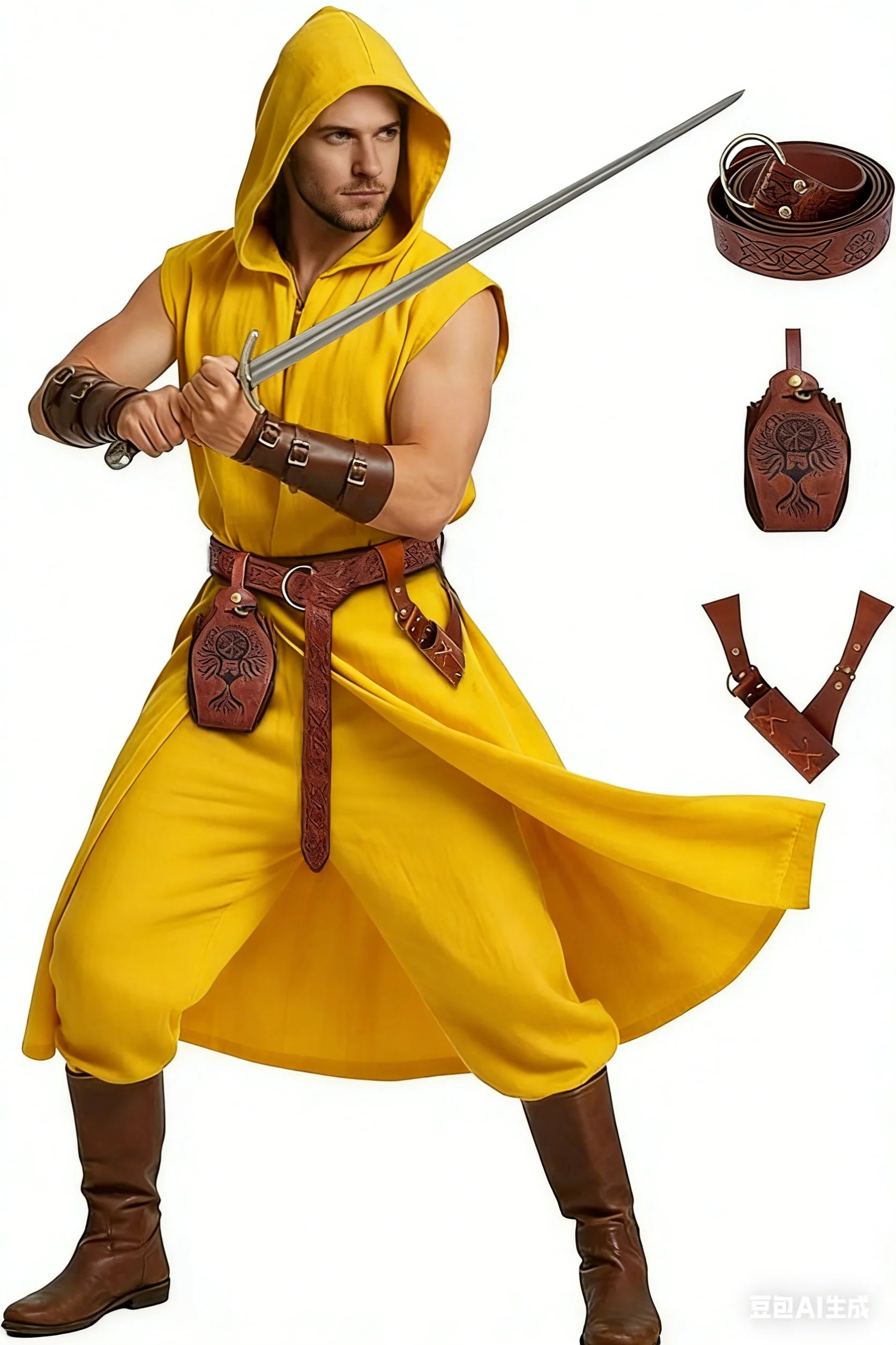 Men's Medieval Renaissance 4PC Viking Hooded Sleeveless Surcoat Apparel Costume - alternate view 8