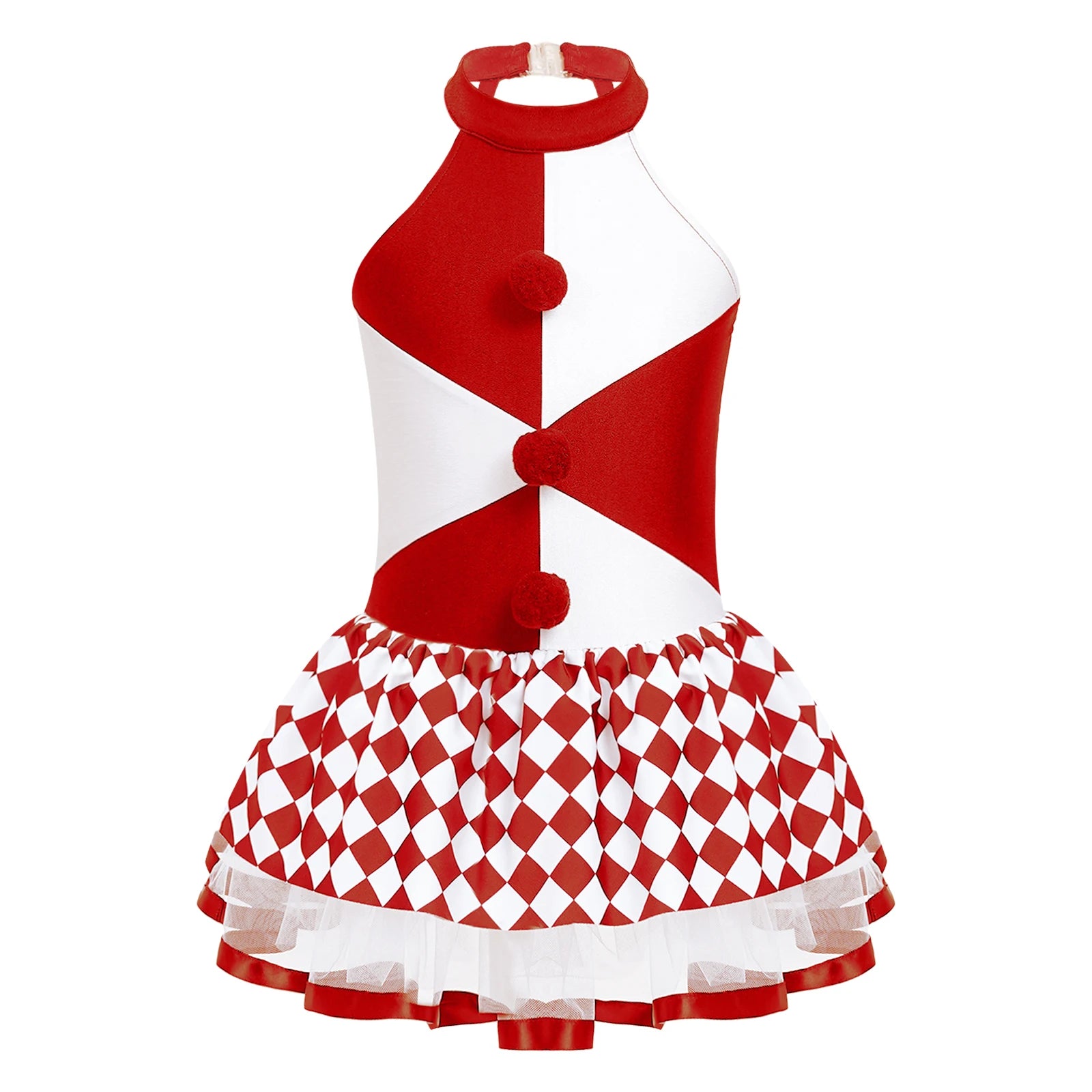 Girls Circus Clown Joker Costume Halloween Costume Black White Grid Pompoms Leotard Tutu - Black D / 14