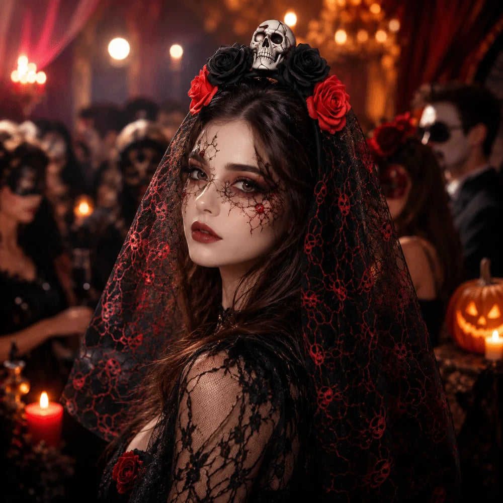 Gothic Ghost Bride Headband Simulation Rose Skull Pattern Halloween Rose - product image 2