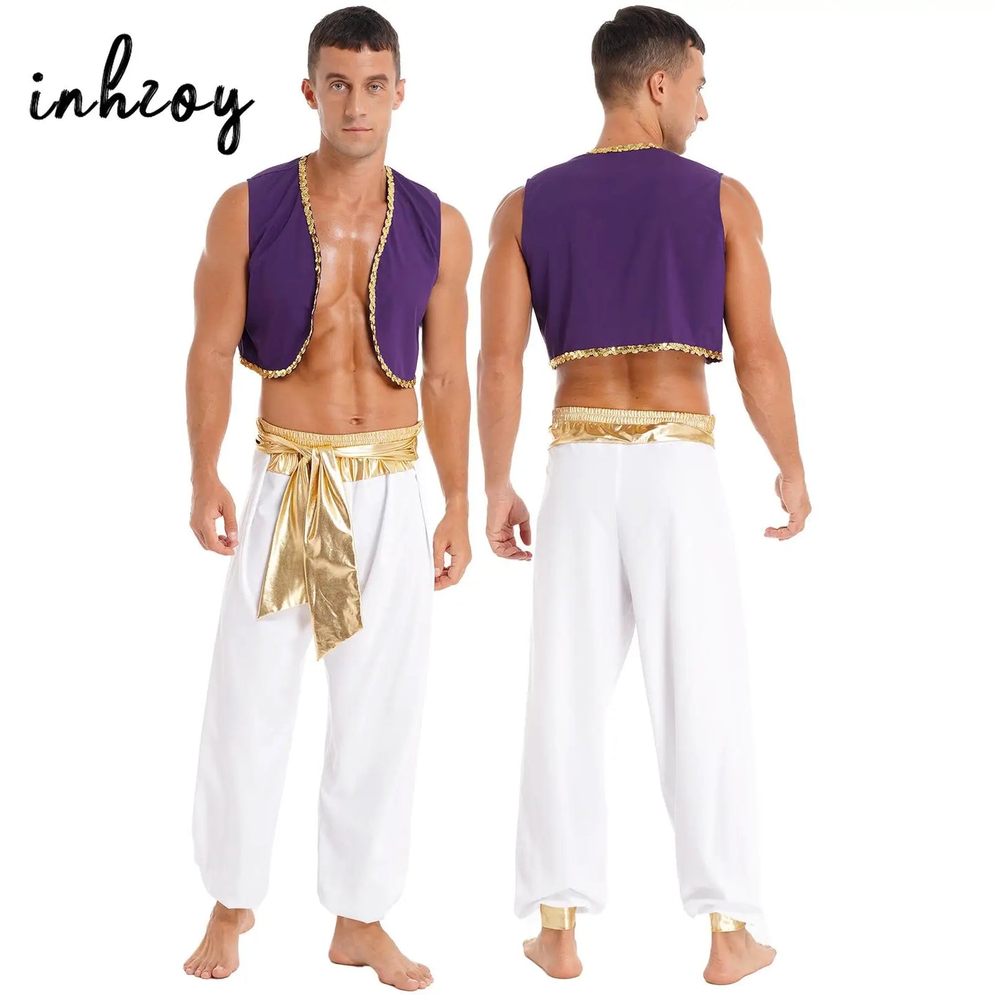 Men's Arabian Prince Mythical Aladdin Sequin Trim Waistcoat Belted Pants Costume