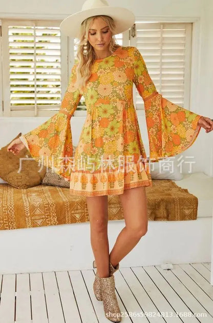 Women's Halloween O Neck Dress Hippie Role-playing Costume Flower Retro Groovy Floral - Discount Halloween City