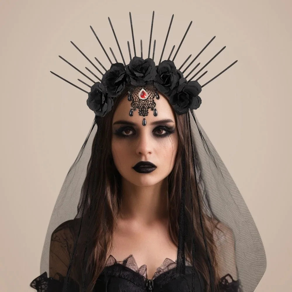 Headdress Mesh Halloween Headband Rhinestone Gothic Veil Headband Black Rose - product image 1