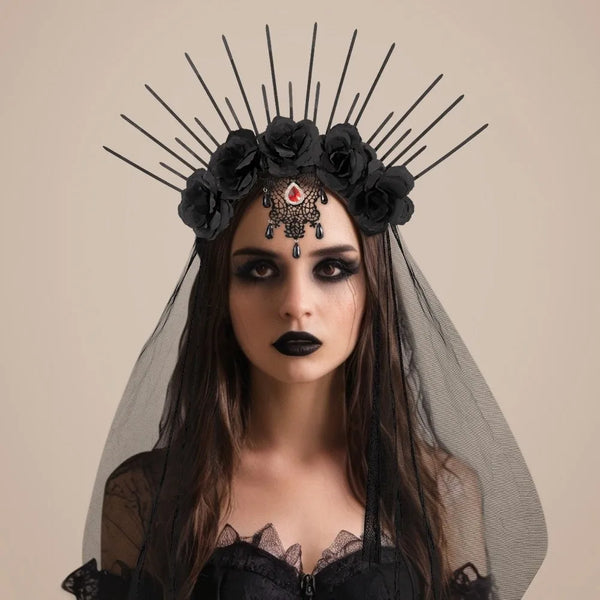 Headdress Mesh Halloween Headband Rhinestone Gothic Veil Headband Black Rose