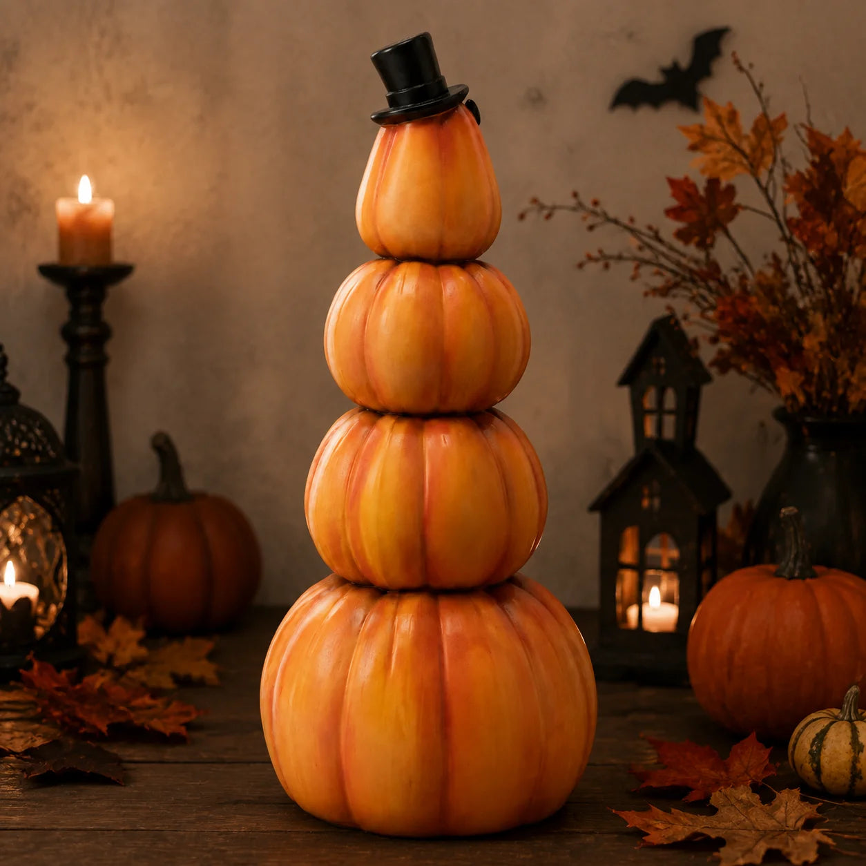 Hodao Resin Halloween Light-Up Stacked Pumpkin Figurine, 4-Tier Jack-O-Lantern Tower with Black Top Hat