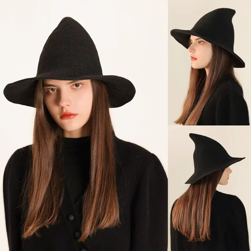 Women's Witch Hat for Halloween Wool Hats Wide Brim Spire Knitted Cap Party and Daily - product image 4
