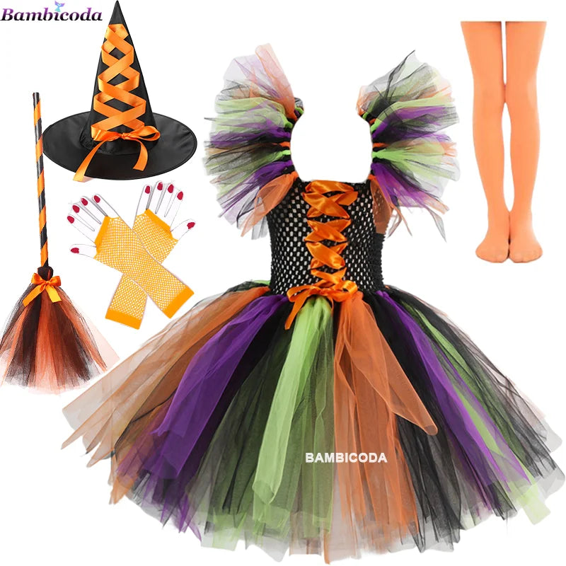 Kids' Witch Tutu Knee Hat Broom Pantyhose Costume - alternate view 15