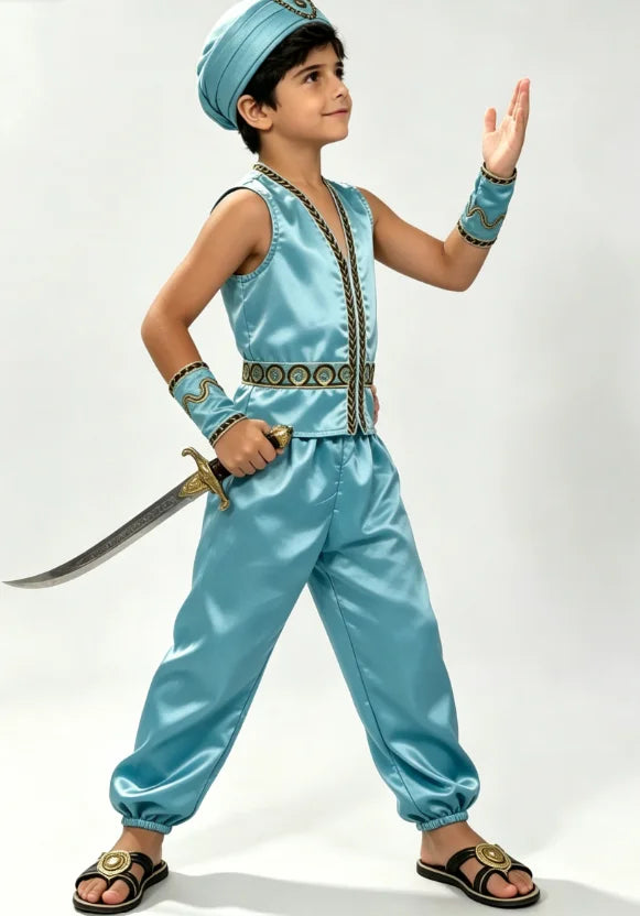 Kids Light Blue Egyptian Pharaoh Costume Set Satin Vest Pants Turban & Wrist Cuffs