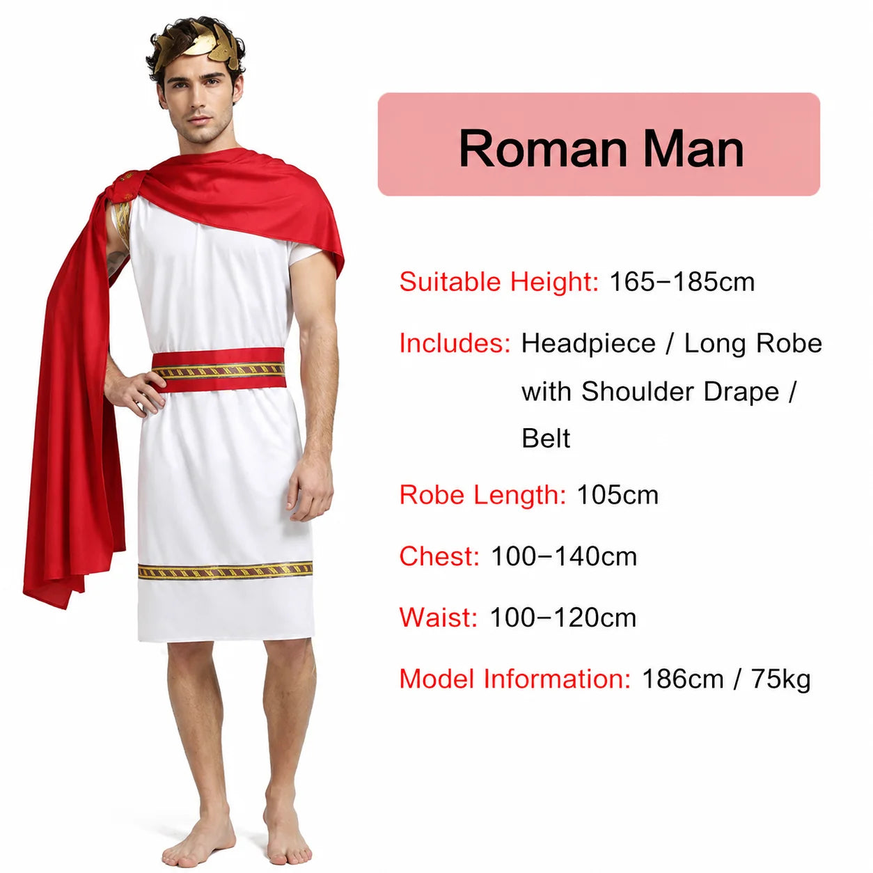 Roman Greek Costume Adult Men Women Couple Toga White Tunic Red Cape Gold Laurel Wreath - View 8