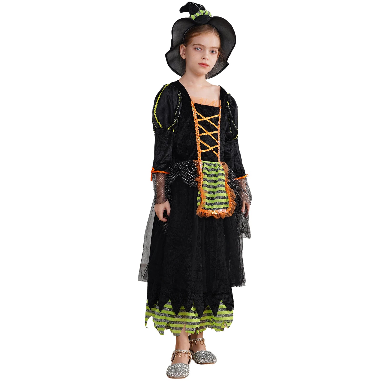 Girls Witch Dress Long Sleeve Shiny Sequin Mesh Sorceress Dresses with Hat Halloween Theme Party Cosplay - product image 2