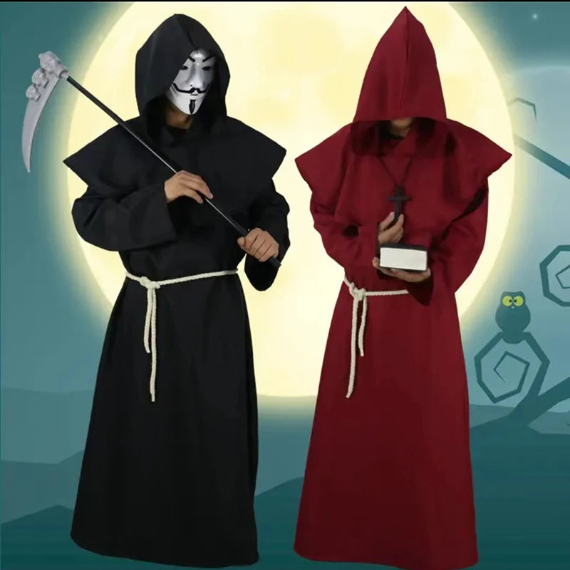 Halloween Wizard Costume Medieval Monk Hooded Robe Costume Mask Hat for Men Steampunk - C3 / Halloween cosplay