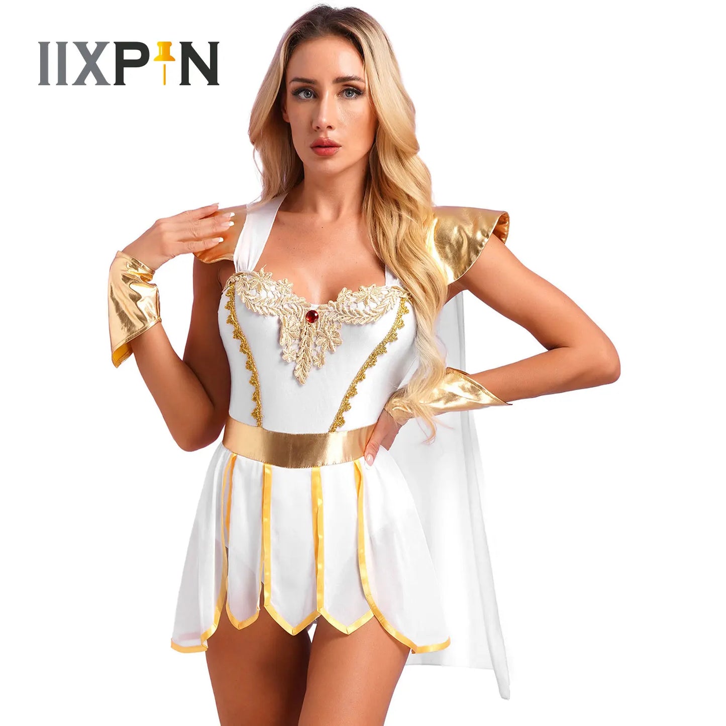 Halloween Ancient Greek Queen Bodysuit Athena Toga Costume Asymmetrical Egyptian Robe - White / S