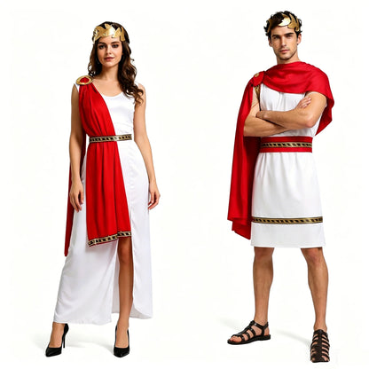 Roman Greek Costume Adult Men Women Couple Toga White Tunic Red Cape Gold Laurel Wreath - View 6