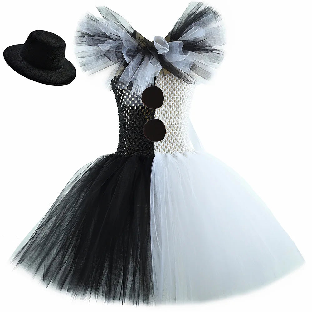 Girls Halloween Clown Costume Dress Kids Black White Scary Clown Dress with Hat Socks - Clown Dress / 2-3Y