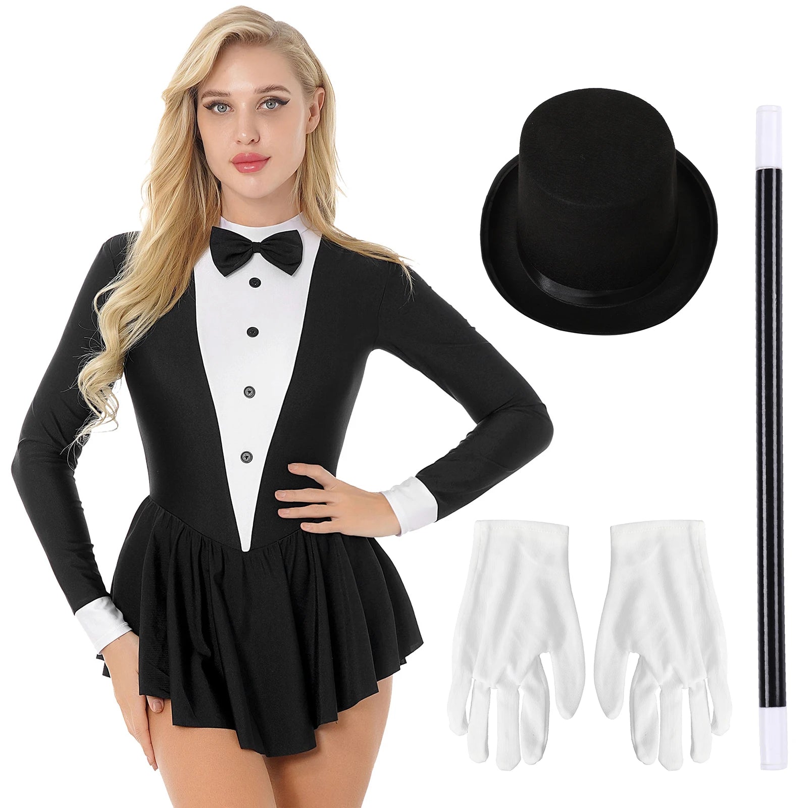 Women's Magician Circus Ringmaster Contrast Color Bowknot Ruffle Tuxedo Magic Hat - alternate view 3