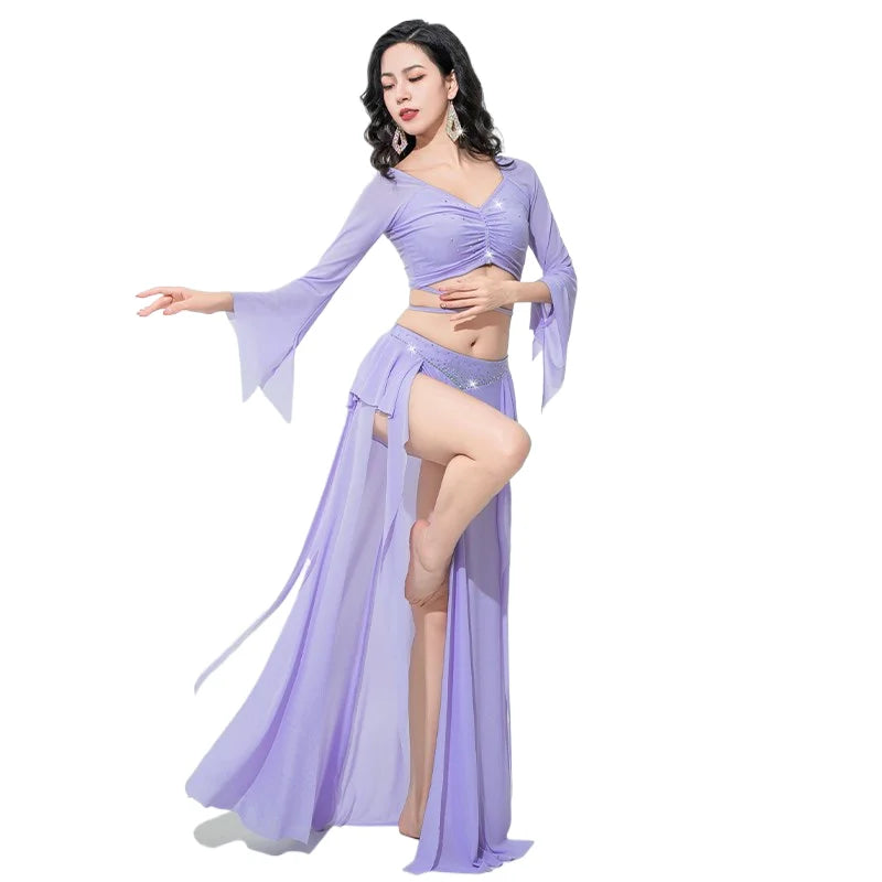 Women's Adult Costumes Horn Long Sleeve Oriental Dance Dress Sparkle Rhinestone Shine Skirt Sexy Side Split - product image 10