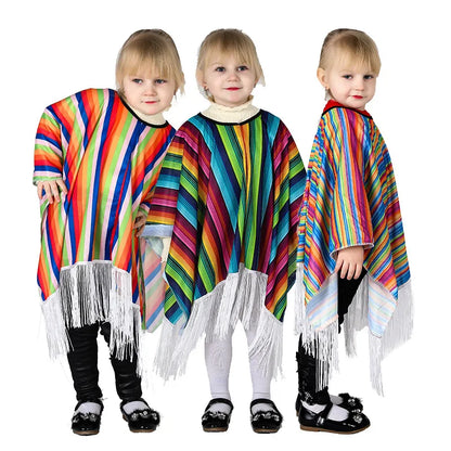 Kids Holiday Party Mexican Costume Cloak Ethnic Style Clothes Boys Girl Colorful Striped Cape Cosplay - product image 1