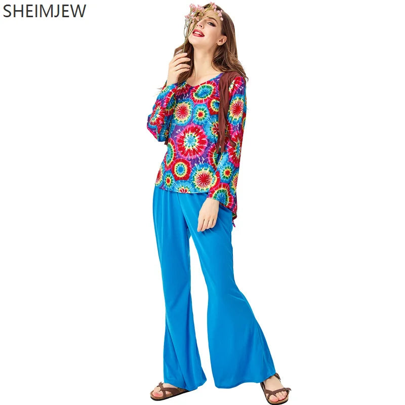 Disco Female Hippie Costume Retro Peace Suit 6070s Adult Cosplay Costume Set Women Halloween Costume - product image 1