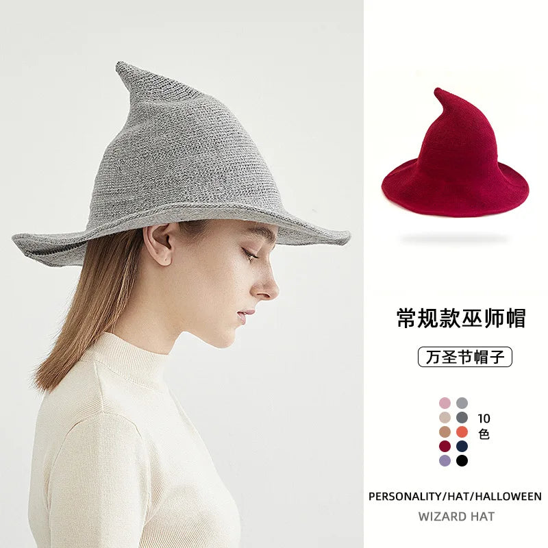 Knitted Witch Hat Pointed Wide Brim Wool Halloween Christmas Costume Party Cosplay Winter Fashion Cap for - product image 3