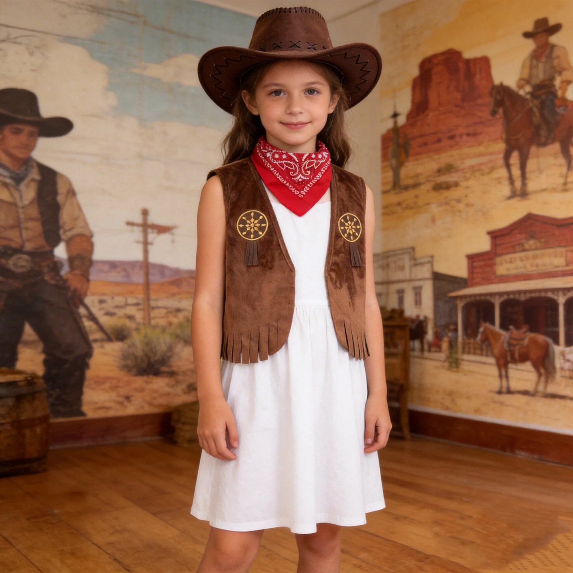 Kids Cowboy Brown Fleece Cowboy Vest with Bandanna & Hat Set Children Western Role