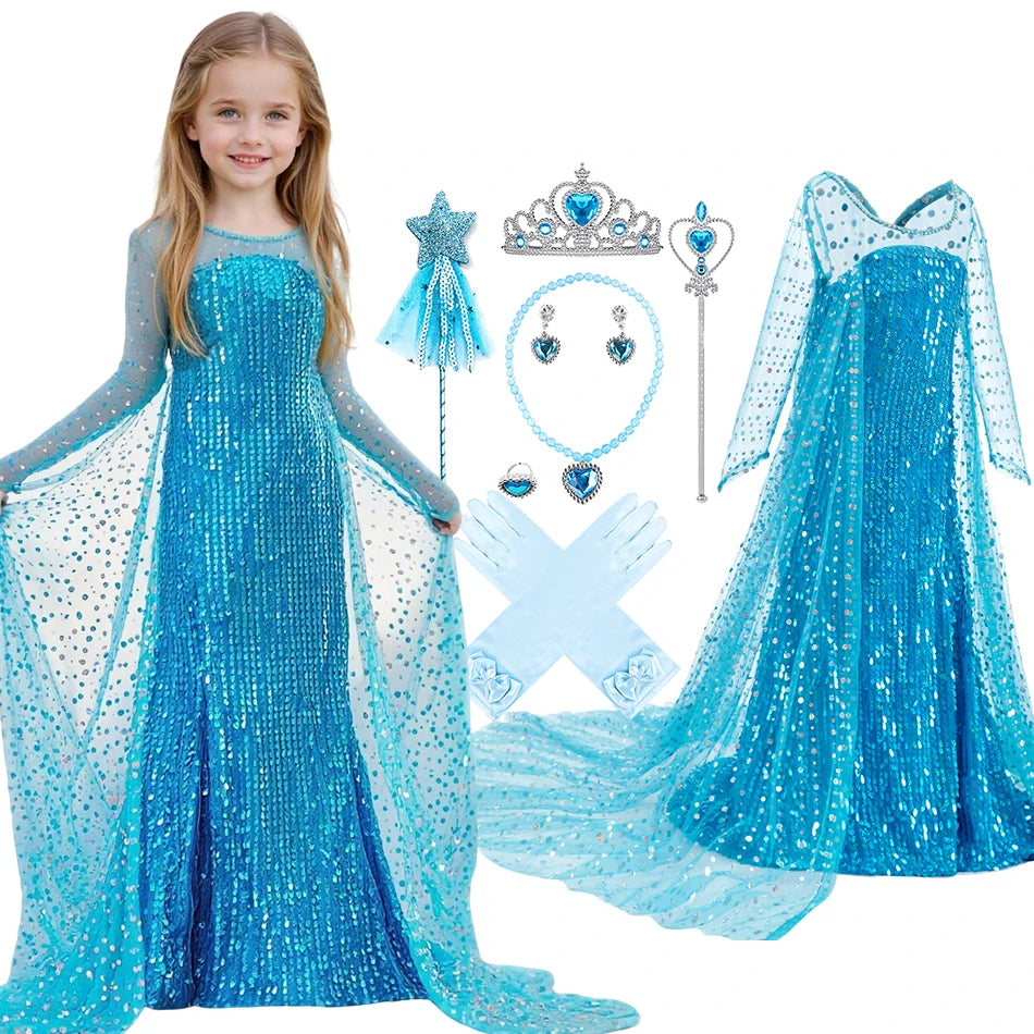 Ice Queen Princess Halloween Costume for Kids - Blue Sequin