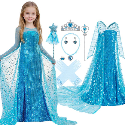 Children Carnival Blue Sequins Elsa Cosplay Dress Girls Elegant Blue Princess Costume Kids Halloween Birthday Party Clothes