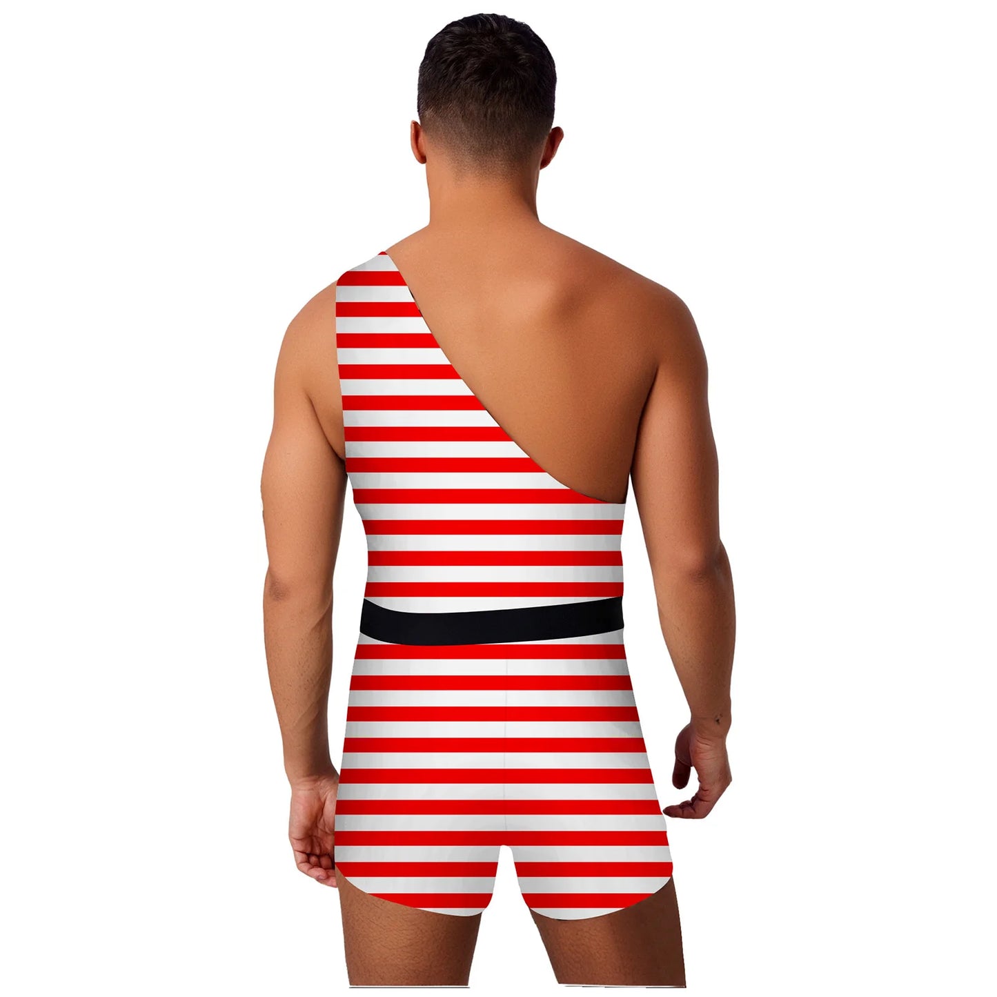 Men's Halloween Primitive Man Costume Bodysuit One Shoulder Printed Xmas Rompers with Belt - Red White Striped / M