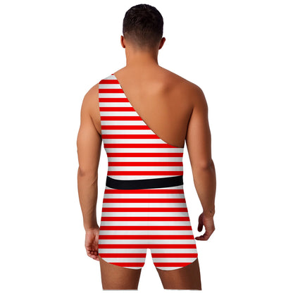 Men's Halloween Primitive Man Costume Bodysuit One Shoulder Printed Xmas Rompers with Belt - Red White Striped / M