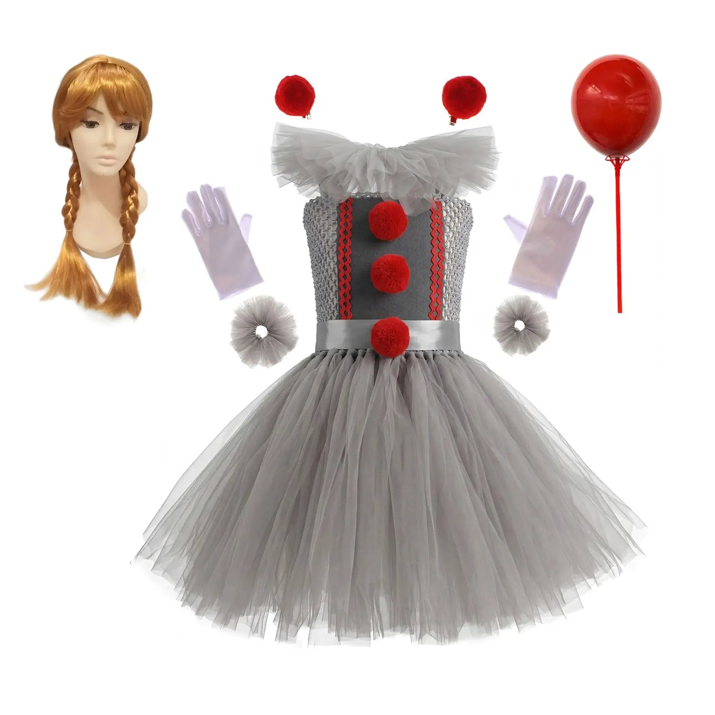 Weird Joker Grey Tutu Dress+Gloves+Hairpin+Bracelet Girls Costume Weirdo Creature Clown - Clown 01 / 10-12T(XXL)