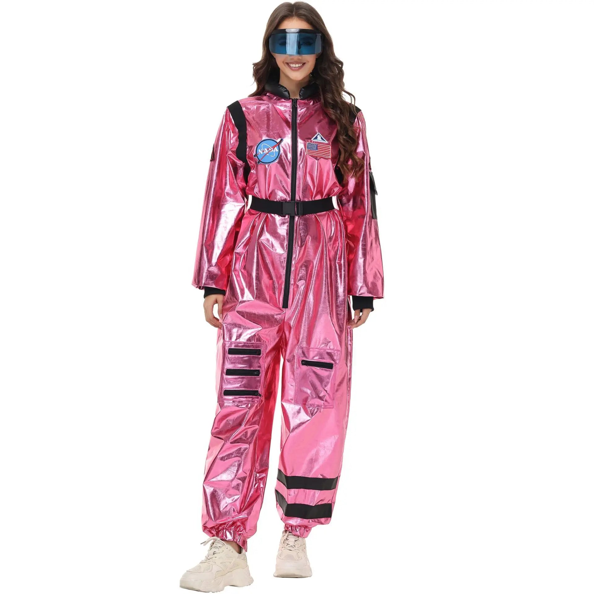 Adult Silver Astronaut Costume Men Women Spaceman Suit Space Jumpsuit Halloween Costume - Pink Women-A / XL