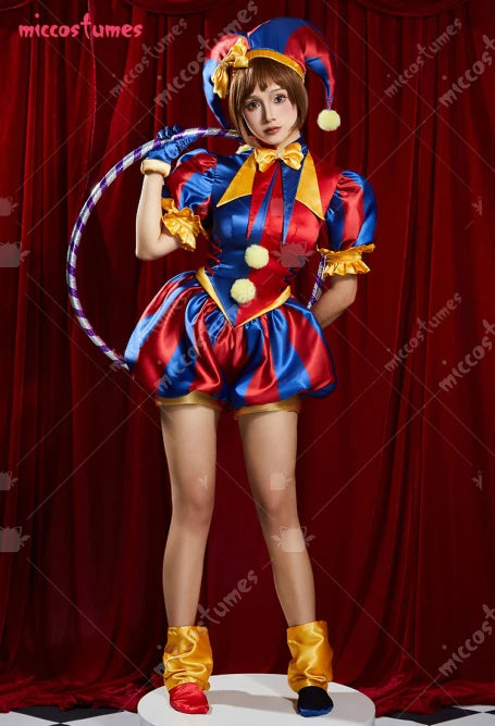 Miccostumes Women Clown Costume Jester Costume Blue Red Jumpsuit and Hat with Gloves and - MULTI / S