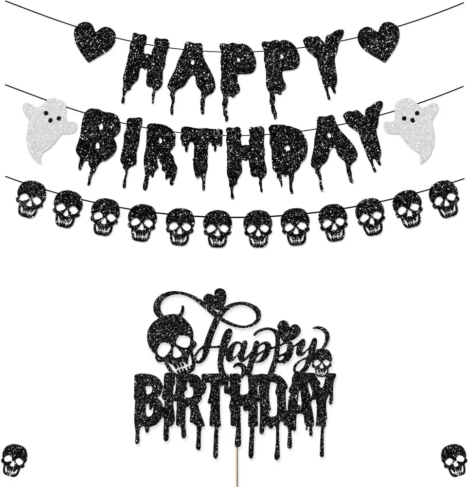 Black Glitter Halloween Birthday Banner Decorations Cake Topper Heart Skull - product image 1