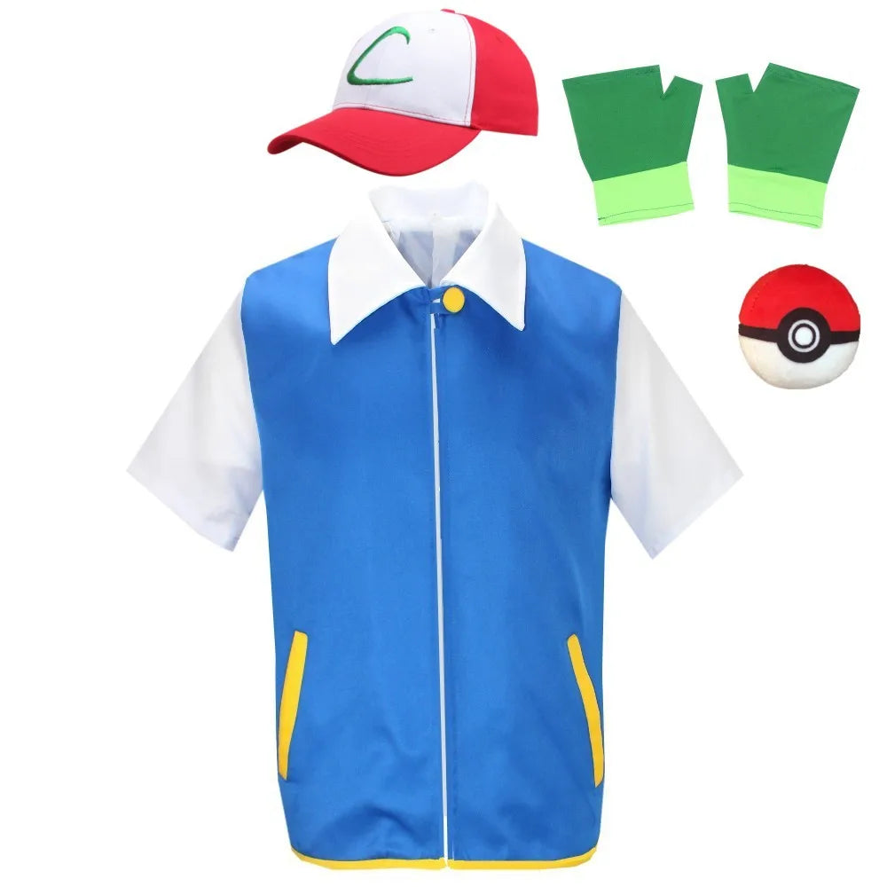 Men Anime Trainer Costume Ash Ketchum Adult for Madam Halloween Women Blue Jacket Cap and - Full Set 5pcs / KIDS 120