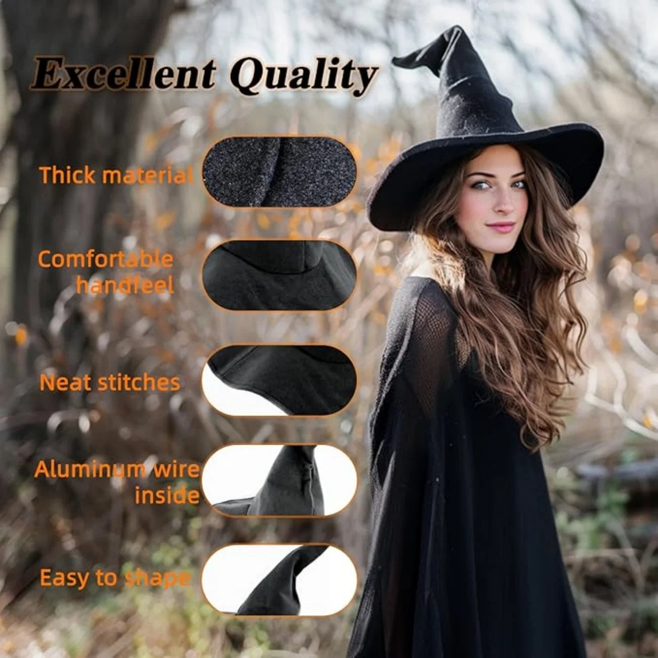 Black Witch Hat for Women, Curly Wizard Hat, Halloween Cosplay Witch Costume Accessory for Party Masquerade - product image 2