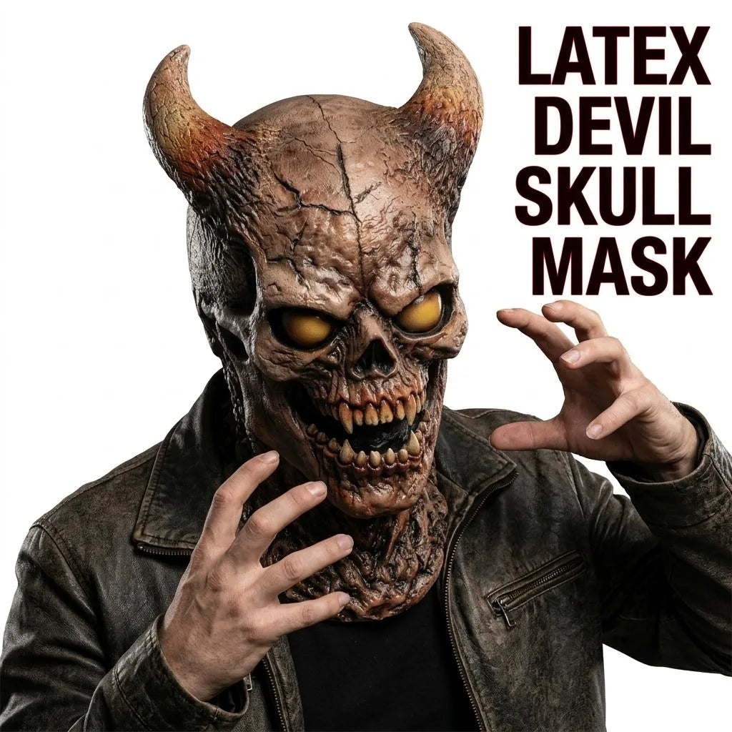 Scary Halloween Demon Mask with Horns Latex Evil Skull Face Costume Prop Creepy