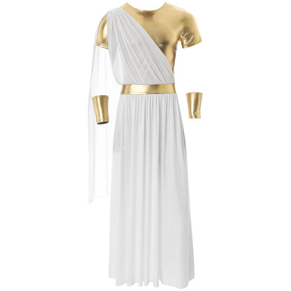 Men's Halloween Ancient Greek God Toga Costumes Roman Emperor Robe Short Sleeve Metallic - White A / M