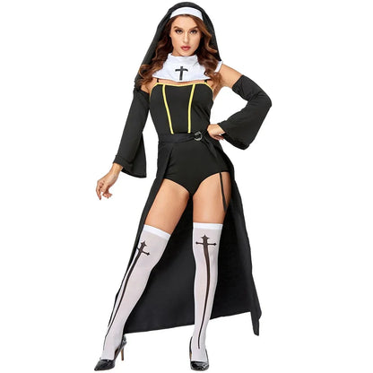 2026 Women Church Religious Sister Bad Habit Sexy Nun Costume  Adult Halloween Party Cosplay Uniform Fancy Black Dress
