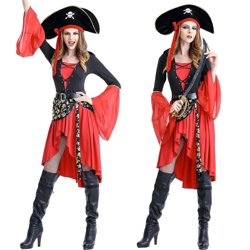 Female Caribbean Pirates Captain Costume Suit Gothic Jack Woman Fancy Dress Role