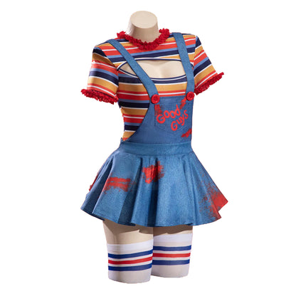 Bride of Chucky Costume Women Sexy Stripes Short Sleeve Bodysuit Skirt Socks Suit - Blue / M