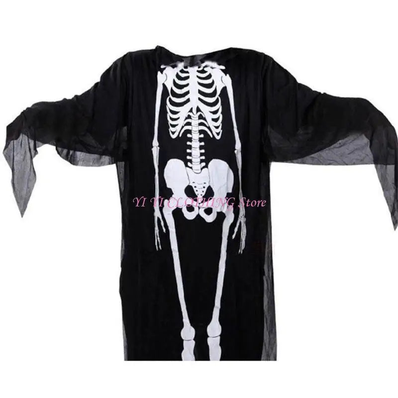 Halloween Skull Skeleton Costume Scary Ghost Robe with Front Bone Print for Kids Adult - Black / M