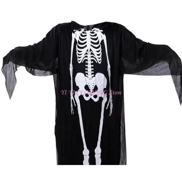 Halloween Skull Skeleton Costume Scary Ghost Robe with Front Bone Print for Kids Adult - Black / M