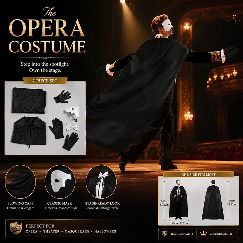 Halloween Masquerade Phantom Costume Kit, Black Long Cape Half Mask Bow Tie Gloves Adult Men Opera Ghost - product image 3