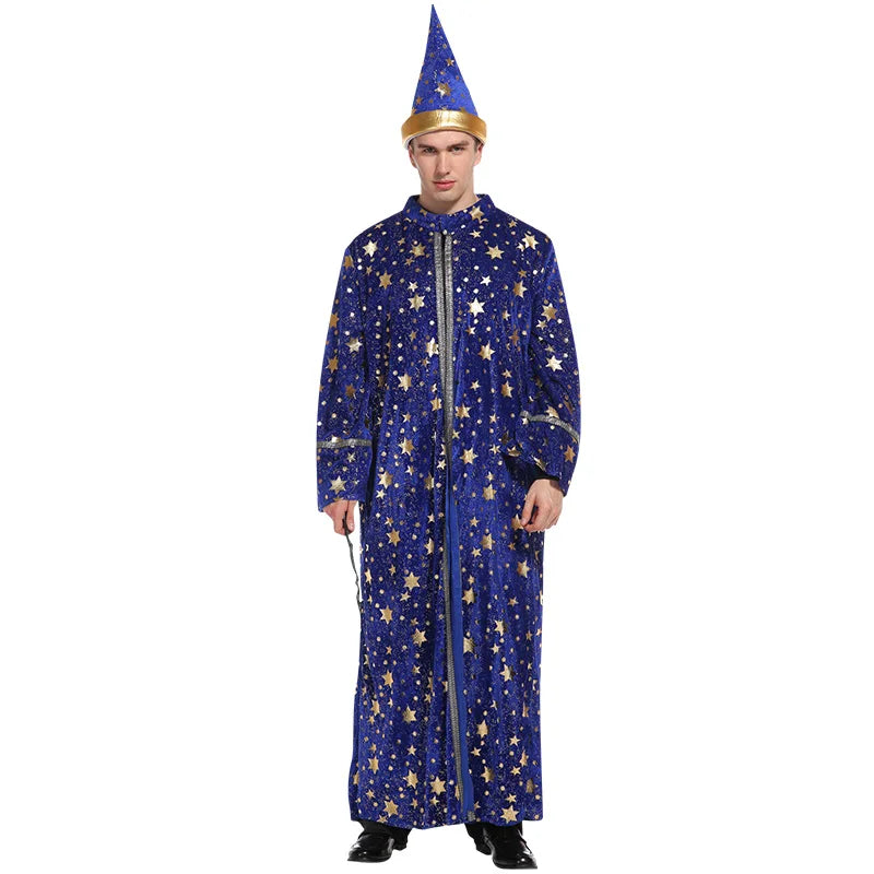 Adults Halloween Costumes Wizard Glittering Stars Robe Pointy Hat Costume Suit Fancy - View 6