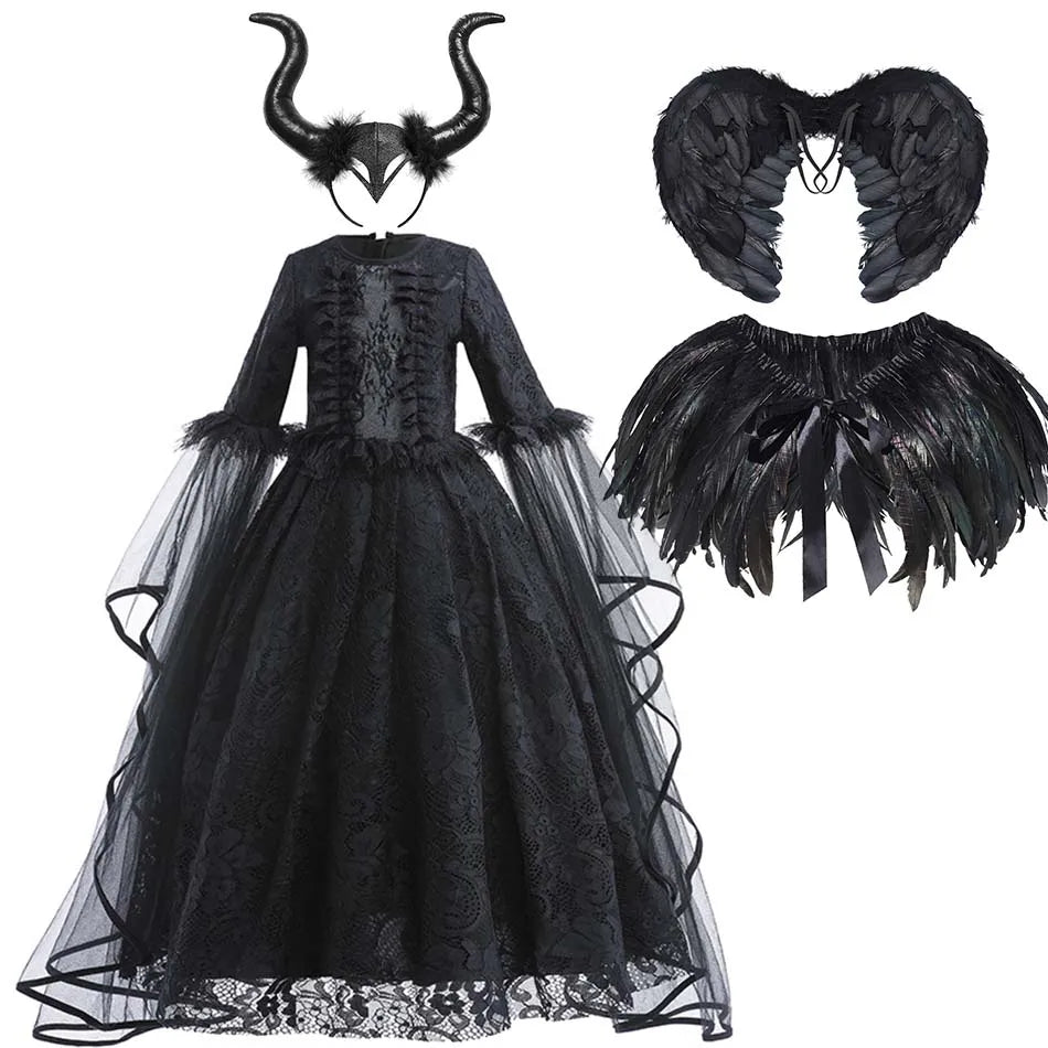Halloween Dress For Girls Evil Witch Cosplay Costumes Children Lace Ruffles Floor Length Outfits Kids - product image 17