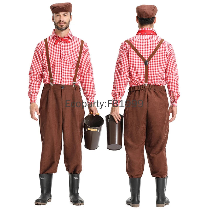 Men's Medieval Colonial Pioneer Farmer Costume Adult Vintage Plaid Shirt Suspenders Pants - B / L
