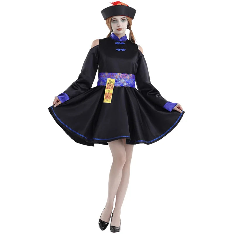 Women's Chinese Vintage Embroidered Zombie Vampire Gothic Cheongsam Dress Belt Hat - alternate view 3