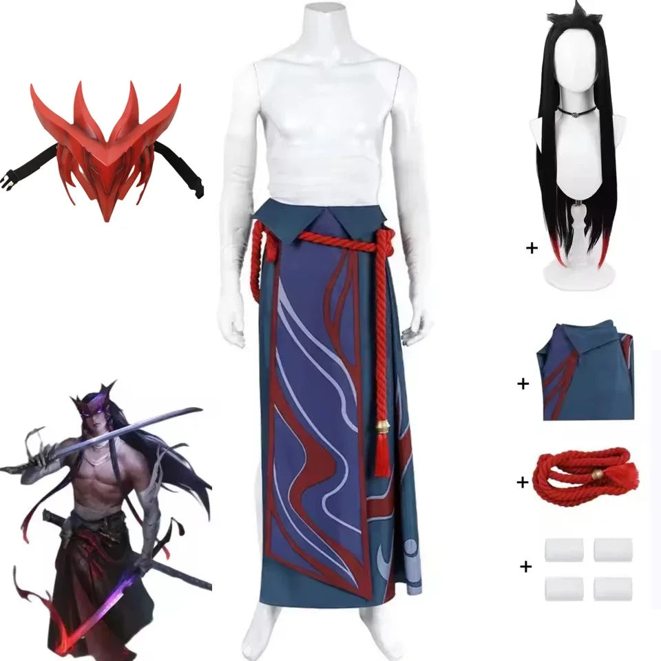 Game LOL Unforgotten Yone Costume Wig Skirt Strap Straps Uniform Full Set Adult Man - Only Mask / L