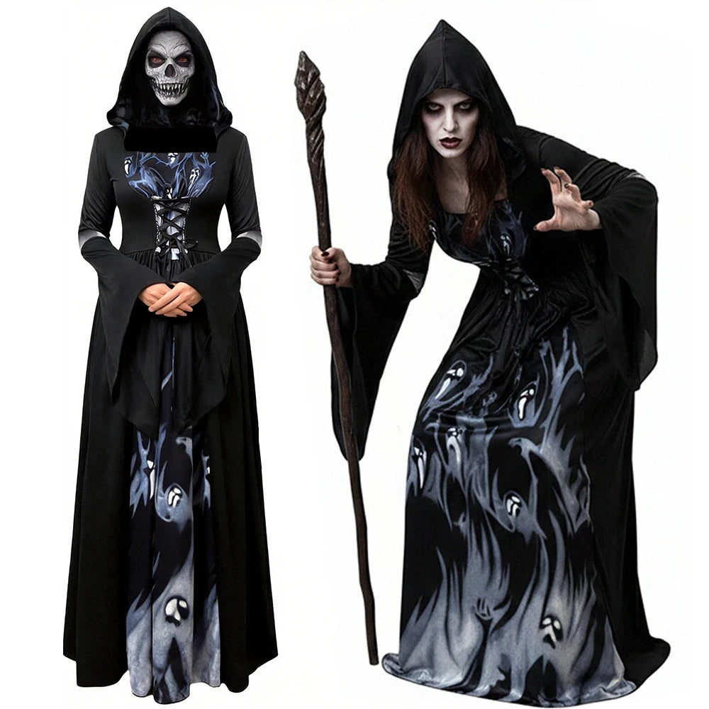 Halloween Witch Dress Women's Gothic-Style Long Hooded Vampire Dress Vintage In Black with Ghost Print and - product image 1